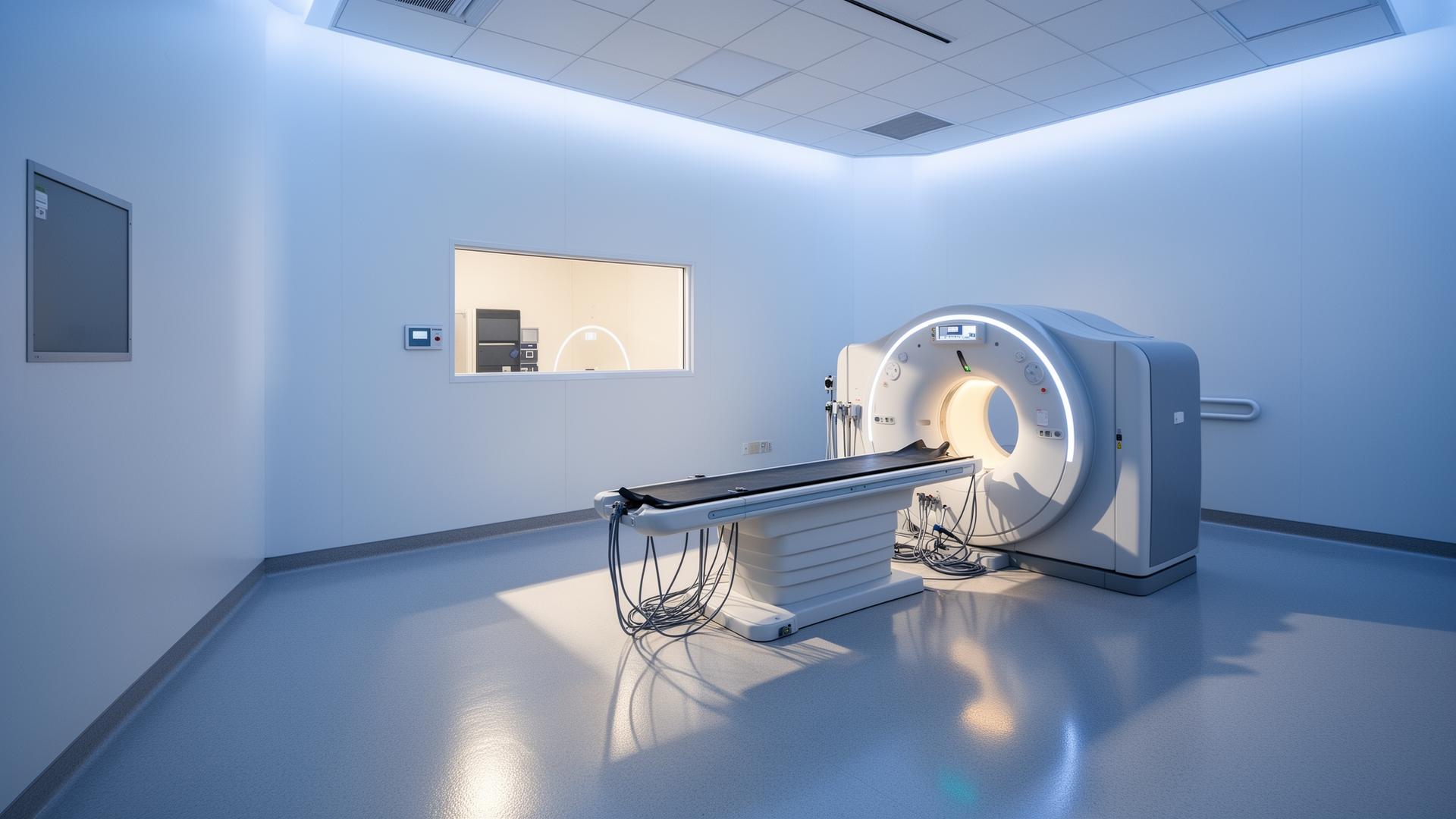 Modern imaging suite at an Adeptus Health freestanding emergency room with CT scanner and clinical monitors